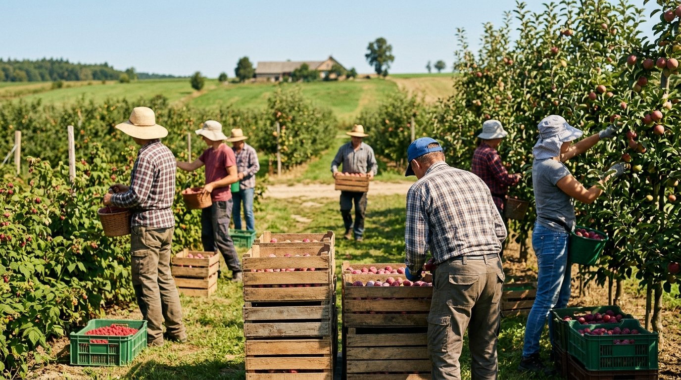Poland seasonal work visa 2026 — foreign workers harvesting fruit on a farm
