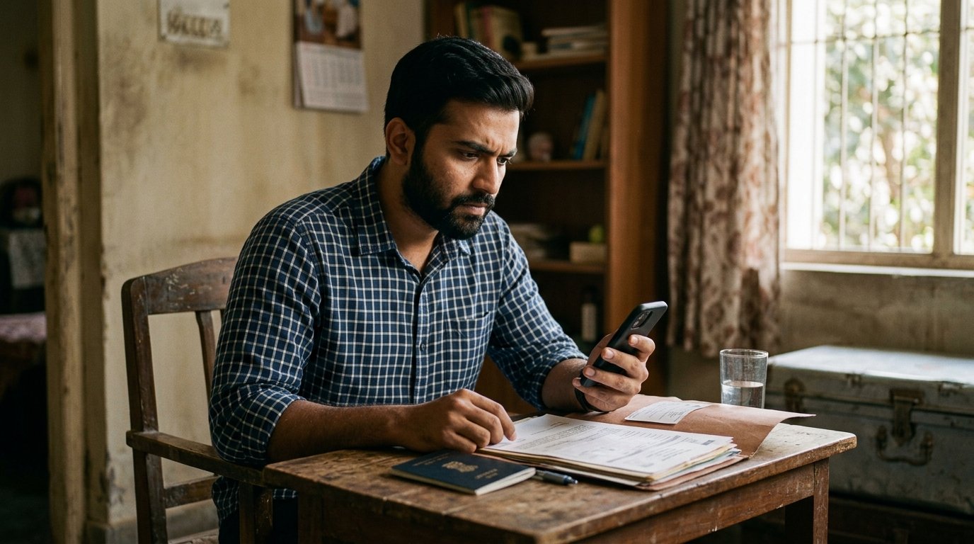 Pakistani worker checking documents for a Malaysia work visa in 2026