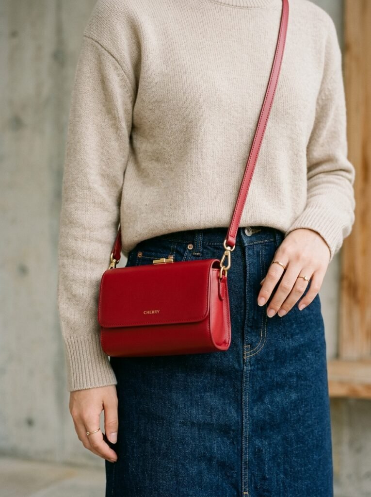 Outfit with red crossbody bag 202607070111