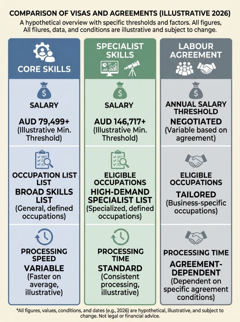 Australia Skills in Demand Visa 2026: New 482 Salary Rules 2 Three column comparison infographic 202607141304