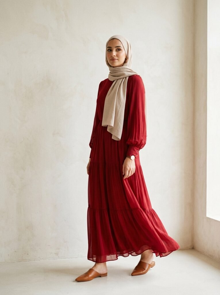 Woman in red dress pose 202607070111