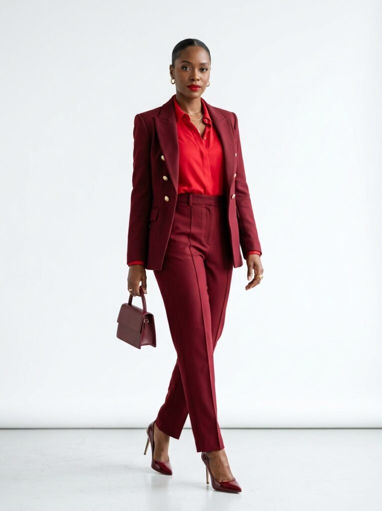 Woman in red monochrome outfit 202607070111
