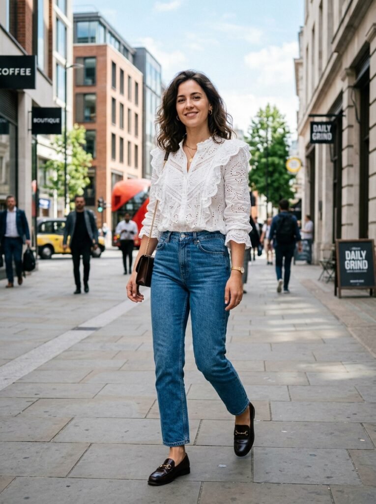 Woman wearing white top blue 202607071338