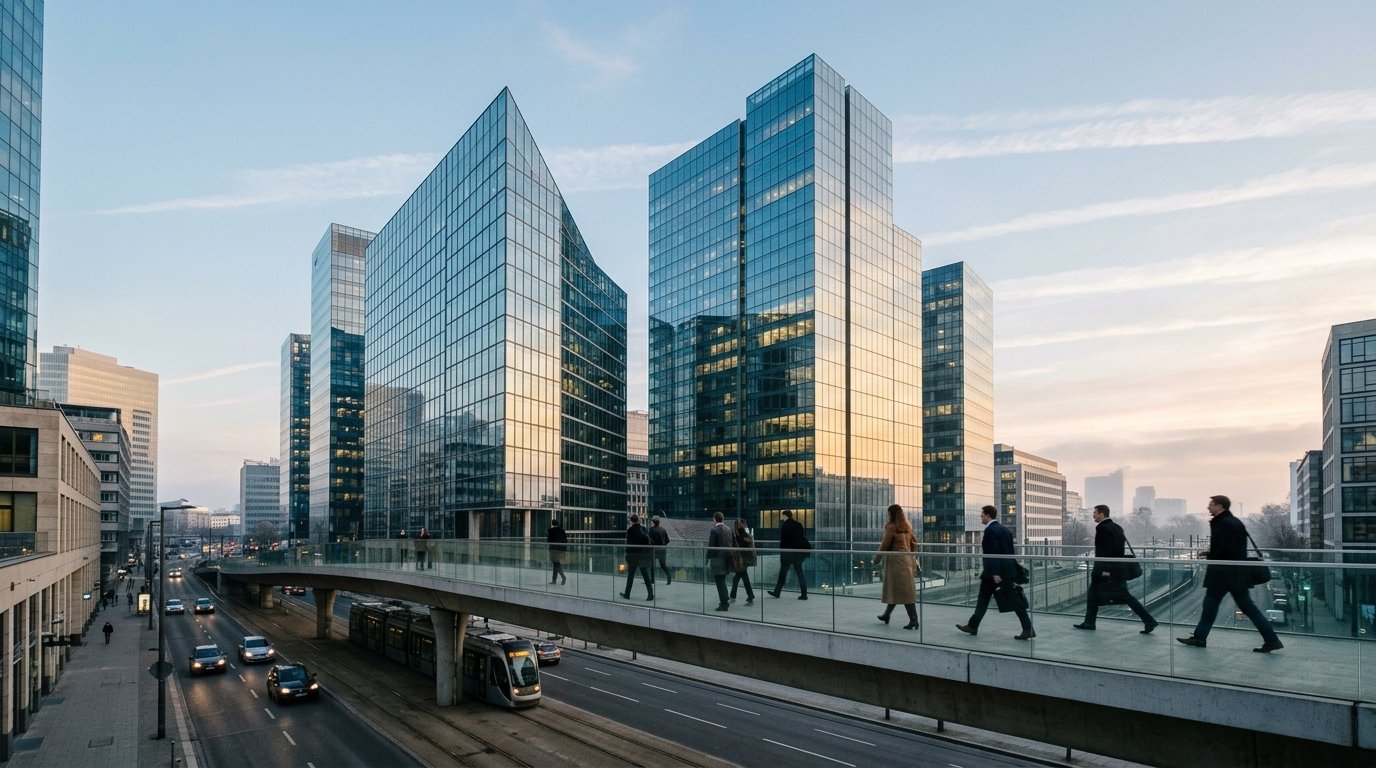European financial district skyline at dawn representing a visa sponsorship job in Luxembourg 2026