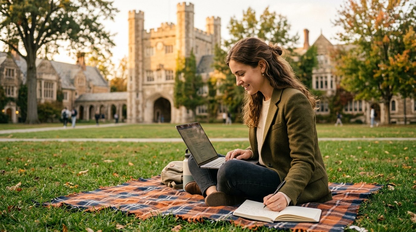 Applicant preparing a Chevening Scholarship 2027 application on a UK university campus