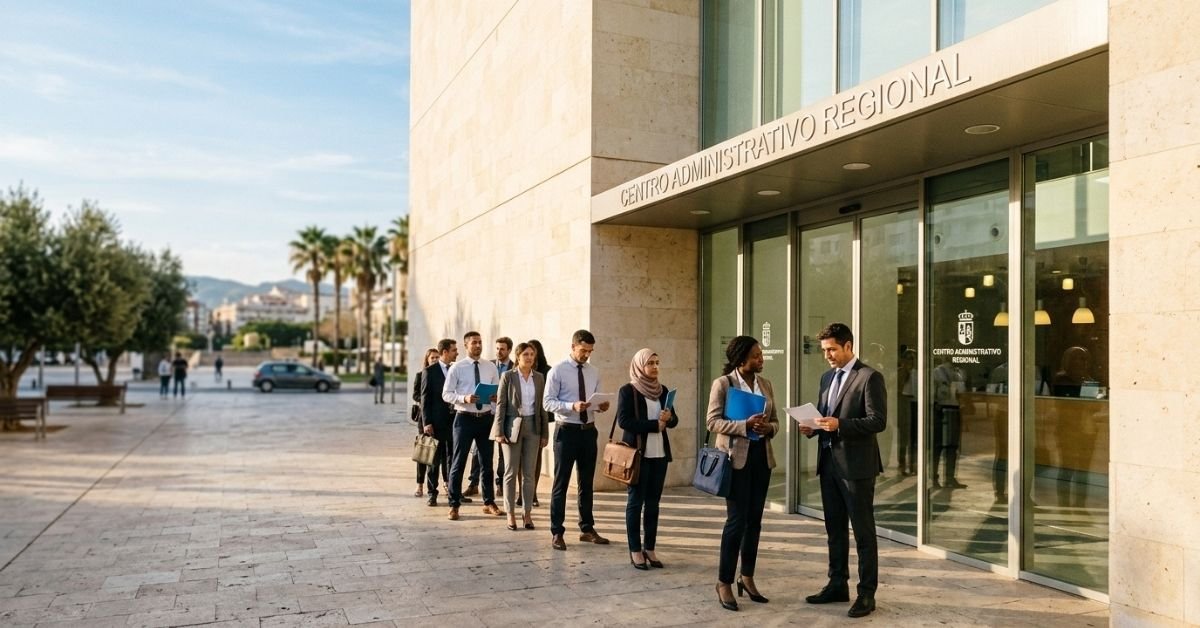 Applicants waiting outside an immigration office to file spain work visa jobs 2026 paperwork