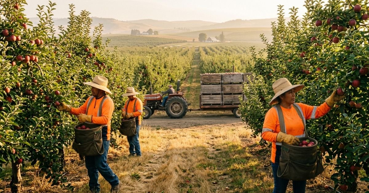 Harvest workers picking fruit in an orchard, illustrating farm and seasonal work in Australia with sponsorship