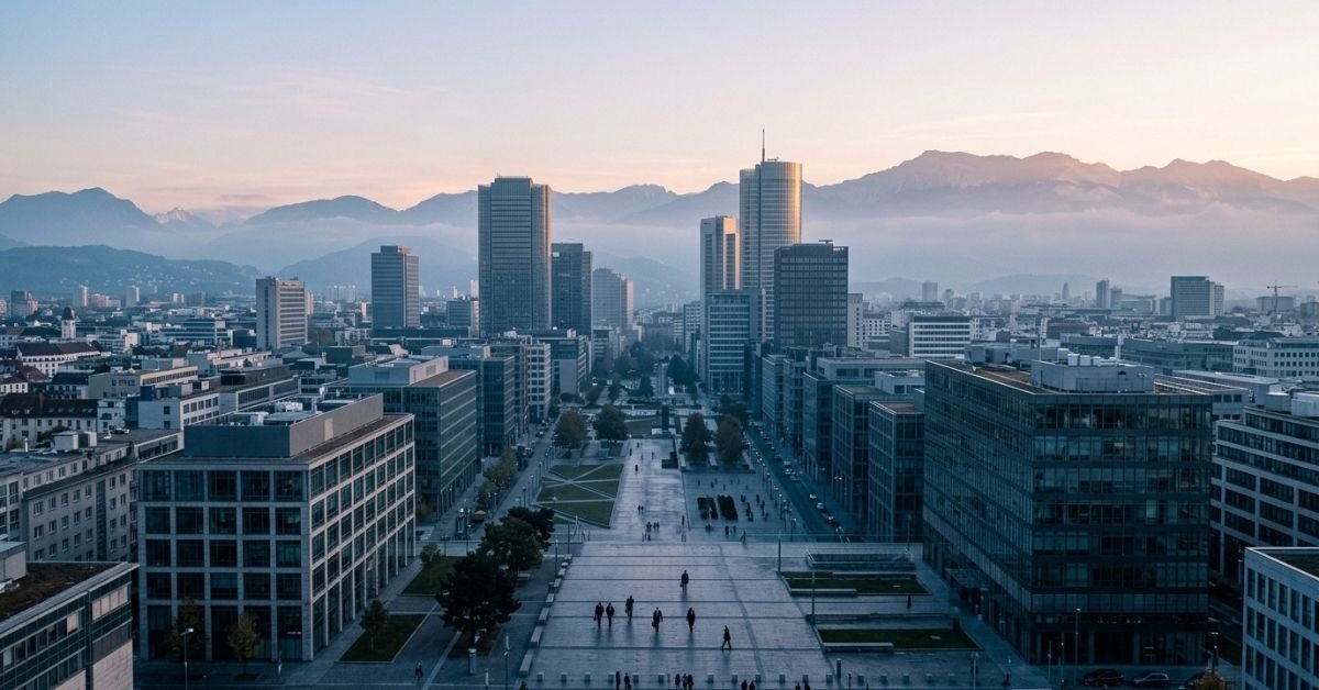 European business district at dawn representing a Switzerland work permit job for non-EU citizens