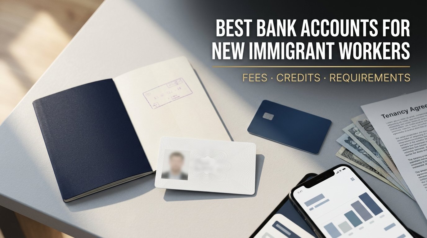 Best bank accounts for new immigrant workers — passport, work permit and bank card showing fees and requirements