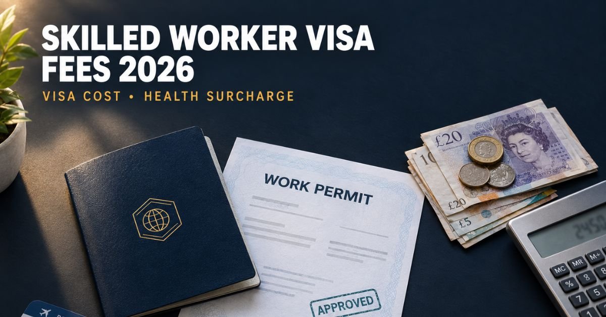 Skilled worker visa fees 2026 shown with a passport, work permit document and money on a desk