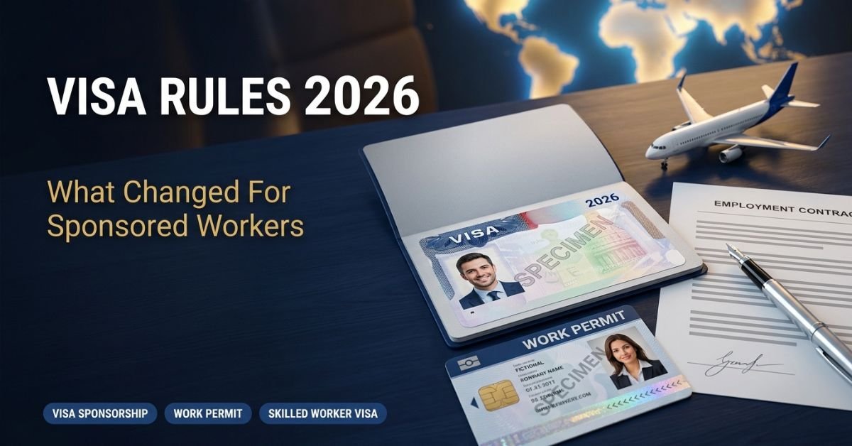 Visa rules 2026 feature image showing visa sticker and work permit card for sponsored workers