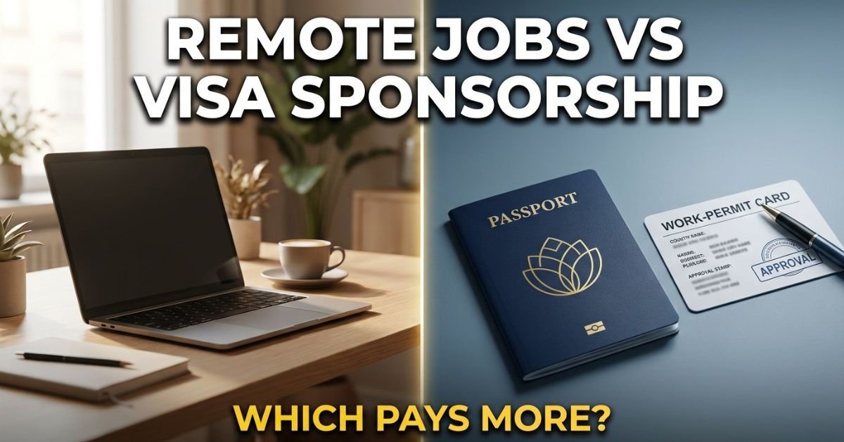 Split image comparing remote jobs vs visa sponsorship jobs with a passport and work permit