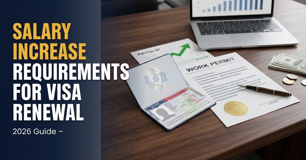 Salary increase requirements for visa renewal with visa, work permit and payslip on an executive desk