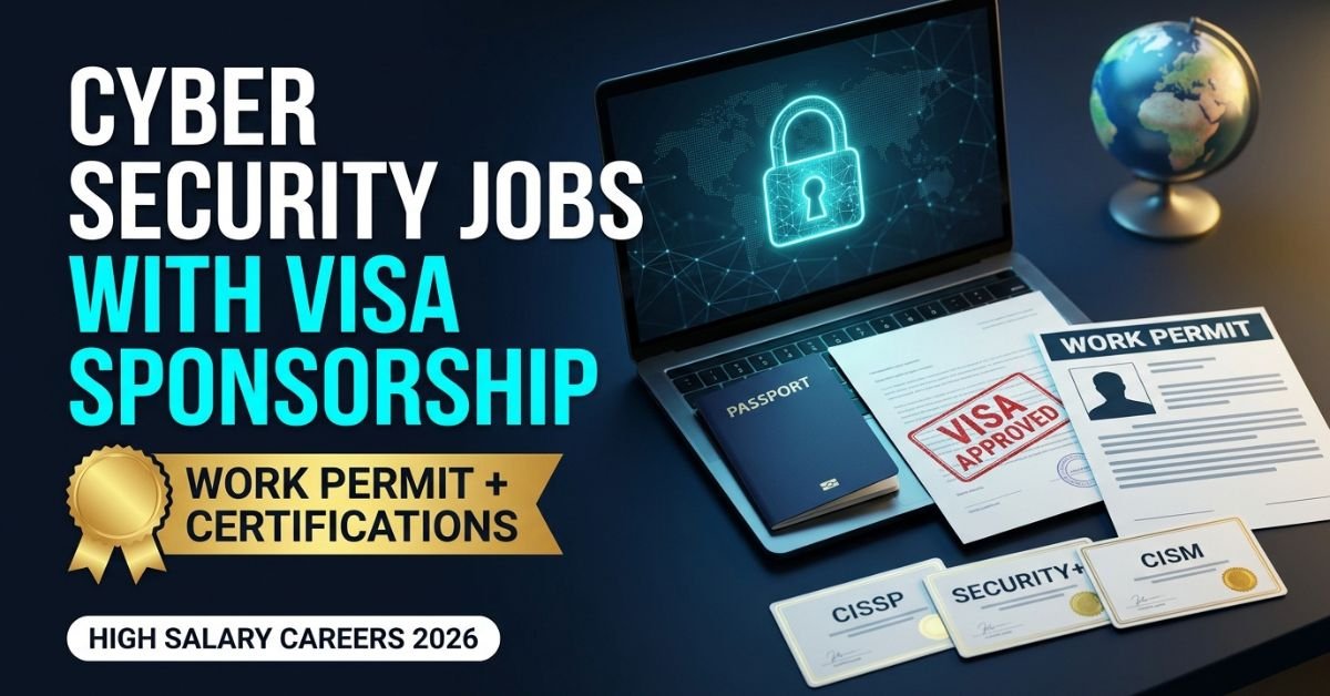 Cyber security jobs with visa sponsorship — visa approval stamp, work permit and security certifications on a desk