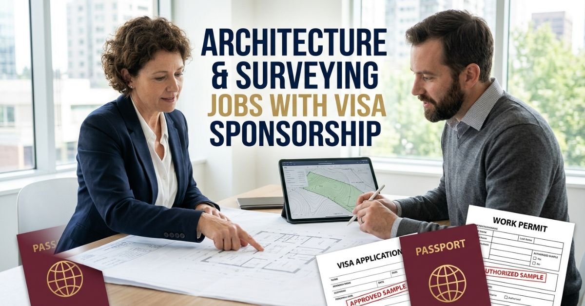 Architecture and surveying professionals reviewing plans beside visa and work permit documents.