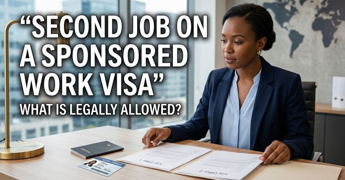Second job on a sponsored work visa documents beside a passport and work permit