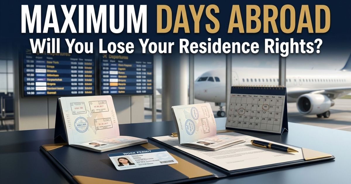 Traveler checks residence documents before a long trip abroad; maximum days outside the country vary by status.