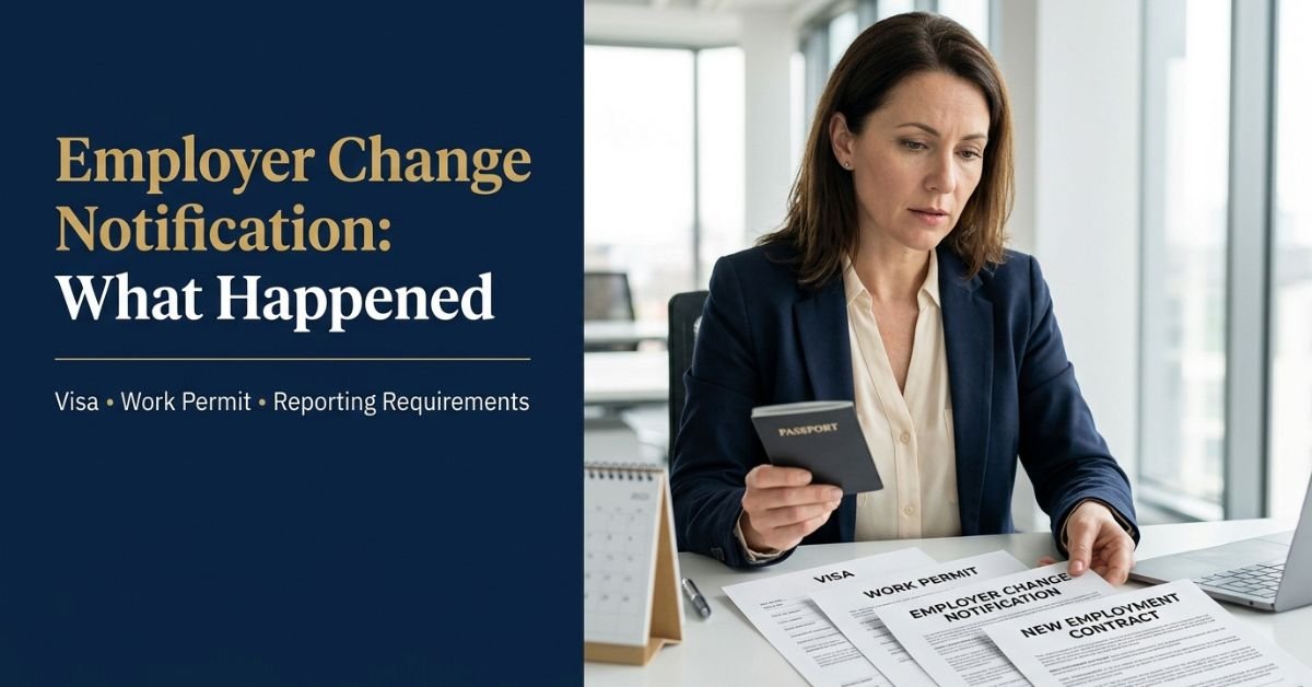 Professional reviewing employer change notification documents and a work permit.